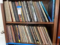 Photo of two wooden shelves filled with vinyl records of classical music. Shows large number of records primarily opera and piano works.