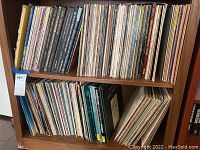 Wide view of two shelves filled with vinyl records showing varied spine colors and titles.