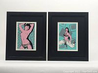 Two framed silk-screen prints of Bettie Page side by side on a white surface. Both depict Bettie in pin-up style poses.