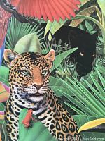 Close-up image showing detailed view of leopard with red frog and a black panther among dense foliage.
