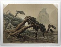Full view of the lithograph print showing the landscape scene with a man and falcon under a gnarled tree.