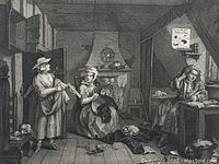 Close-up detail of the etching showing figures and interior scene