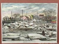 Close-up of the hand-coloured engraving "Ice Jam on the Don" showing ice slabs, bridge with people, and houses.