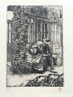 Close-up of the etching image showing the seated couple by ivy-covered railing and red monogram lower right.