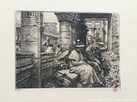 Close view of etching showing columns, seated figures, plate number 'P.370' lower left and red monogram stamp lower right.