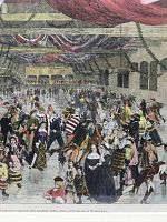 Close-up detail of the hand-coloured engraving showing the skating crowd in period costumes and decorative elements of the rink interior.