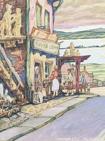 Close-up showing street scene with carved wooden figures and building details in pastel colors.