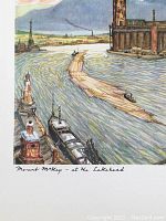 Photo of colorful waterfront etching showing boats, piers, and mountainous landscape with signature inscription.