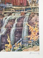 Colorful print reproduction of an etching showing water cascading over rocks with autumnal foliage and rustic wooden structures.