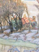 Print showing the left side of the winter landscape etching with frozen river, bare trees, and buildings in the background.