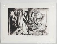Full view of black and white stone lithograph print shrink-wrapped on acid-free board, depicting abstract figures including knight and nude woman