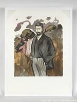 Full view of lithograph print mounted on acid-free board under shrink wrap showing standing man with goatee.