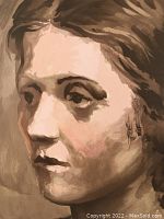 Close-up of Olga Picasso’s face details in sepia tones