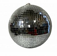 Close-up of disco ball showing mirrored surface and hanging hook.