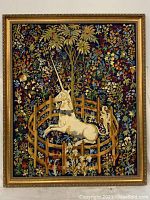 Full front view of framed unicorn tapestry showing overall design and condition