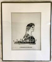 Front view of the framed surrealist artwork 'A Woman at Wits End' depicting profile of woman merged with mechanical shoe-like figure, black and white pencil drawing.