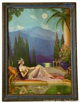 Full view of the framed color print featuring a reclining woman outdoors under moonlight, surrounded by natural elements and architecture.
