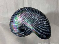 Top view of the iridescent carnival glass shell showing detailed ridges and color variations
