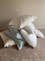 Stack of seven pillows in various sizes and colors, showing signs of wear and use.