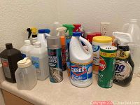 Various cleaning products including Clorox bleach, HomeSense disinfecting wipes, multiple spray bottles, and Soft Scrub pads.