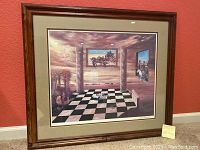 Full view of the framed wall art "Little Boy Dreaming" showing the surreal scene with checkered floor and pillars.