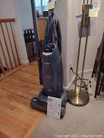 Front view of Kenmore upright vacuum standing on hardwood floor near a brass floor lamp, with cord wrapped and hose attached.