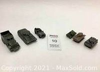 Overview photo showing all 6 vintage military die cast toy vehicles arranged in a row against white background, with auction card.