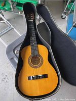 Amigo by Lotus parlor classical guitar inside its molded black hard case.