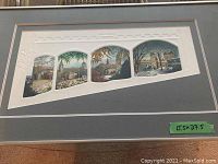 Full view of framed artwork showing four arched scenic panels with seasonal cityscape scenes and a grey double mat and silver frame.