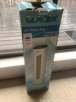 Original box of Glacier 29-inch tower fan with branding and product image.