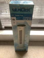 Box of Glacier 29 inch tower fan showing brand and product image