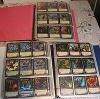 Three-ring binders with World of Warcraft cards in clear sleeves laid flat on a table, showing rows of cards per page.