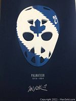 Photo of 20x24 goalie mask print featuring stylized mask, name Palmateer, years 1976-1984 and autograph with number 29.