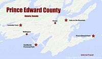 Map of Prince Edward County, Ontario, showing marked stops: Lavender Farm, Sandbanks Provincial Park, Lake on the Mountain, Prince Edward Point