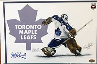 Print showing Mike Palmateer in action goalie pose for Toronto Maple Leafs, signed by Palmateer and artist