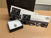 Sterling silver necklace in black box with two Days on Front gift certificates displayed