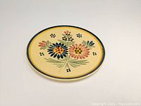 Top-down view of the circular plate showing central floral motif with pink, blue, red flowers and green leaves, bordered by black dots and green rim.