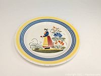 Front view of the HenRiot Quimper plate featuring the painted Breton woman and floral motif with yellow and blue border.
