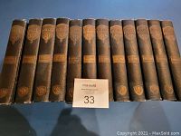 Complete set of 12 volumes of America books by Veterans of Foreign Wars from 1925, showing blue leather spines with gilt embossing and volume numbering.