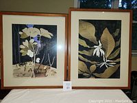 Pair of botanical framed art pieces displayed side by side, showing front detail of the artworks and frames.