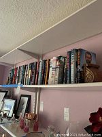 A photo showing a shelf with various hardcover and paperback books including authors Tom Clancy, Megyn Kelly, Donald Trump Jr., and others.