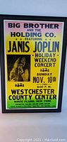 Full view of the framed concert print featuring Janis Joplin, Big Brother and the Holding Co, Holiday Weekend Concert at Westchester County Center, dated Sunday Nov. 10th, 1968.