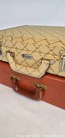 Close-up image showing the beige patterned fabric briefcase with Carl Weill printed design and handle