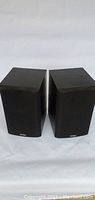 Pair of black Paradigm speakers with wood grain finish and black fabric covers shown from front angle.