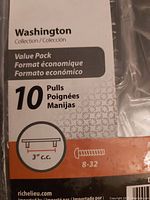 Close-up photo of packaging label for Richelieu Washington Collection handle pulls listing quantity (10), 3 inch center-to-center mounting, screw type 8-32.