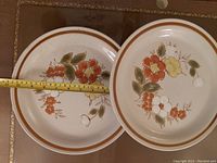 Close-up image showing floral pattern and approximate diameter measured with tape measure.