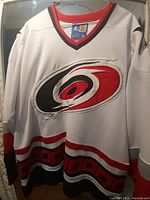 Front view of white Carolina Hurricanes NHL hockey jersey with large team logo and colored trim.