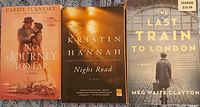 Front covers of three novels No Journey Too Far, Night Road, The Last Train To London, showing author names and titles clearly.