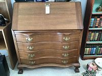 Closed Mahogany Secretary Desk with Curved Front Drawers and Brass Handles, Claw Feet