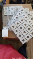 Multiple sheets of vintage U.S. pennies and nickels in white cardboard holders with handwritten date labels, protecting each coin.